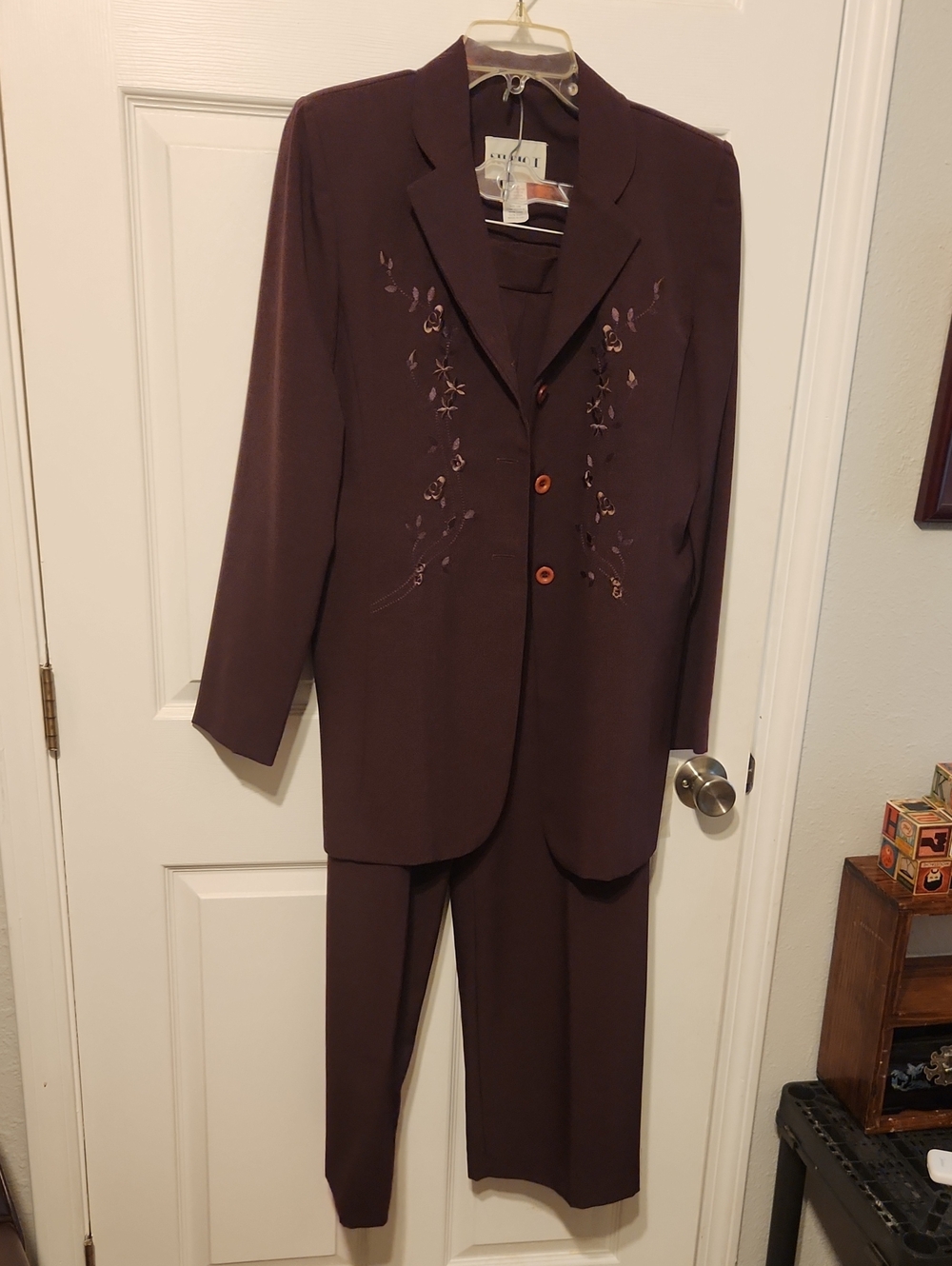 Studio I Women's Embroidered Two-Piece Suit in Deep Plum/Brown